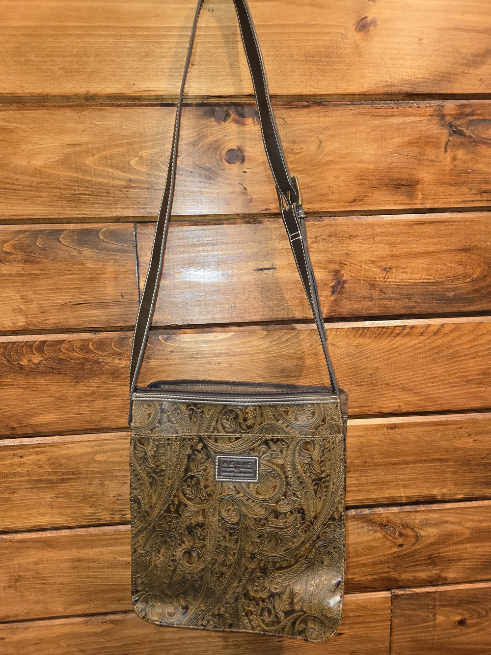 Embossed Brown Leather Crossbody Bag - RELIC